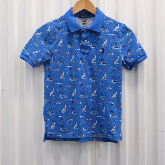 Polo Ralph Lauren Other - Polo Ralph Lauren Kids Sailboat Palm Tree Print Polo Shirt M 10-12 Blue